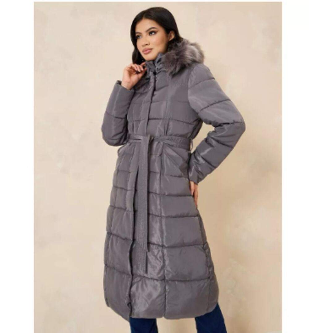 YJSP Gray Belted Padded Coat with Removable Faux Fur Trim Hood, Sz 2XL -- NWT